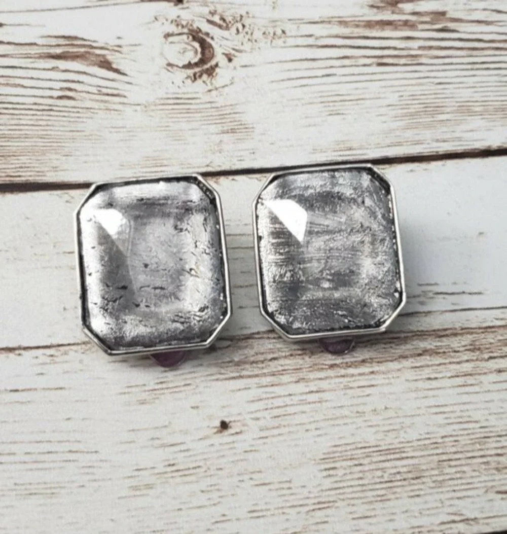 Vintage Nine West Clip On Earrings Large Silver Tone with Distressed Silver Gem